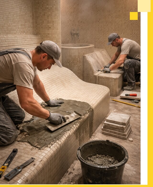 Лежаки для хамама под ключ в Североуральске, проект и монтаж